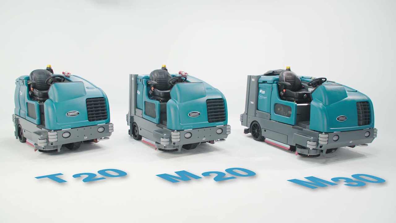Tennant M20 ride-on auto scrubber used for parkade cleaning in Port Coquitlam, BC